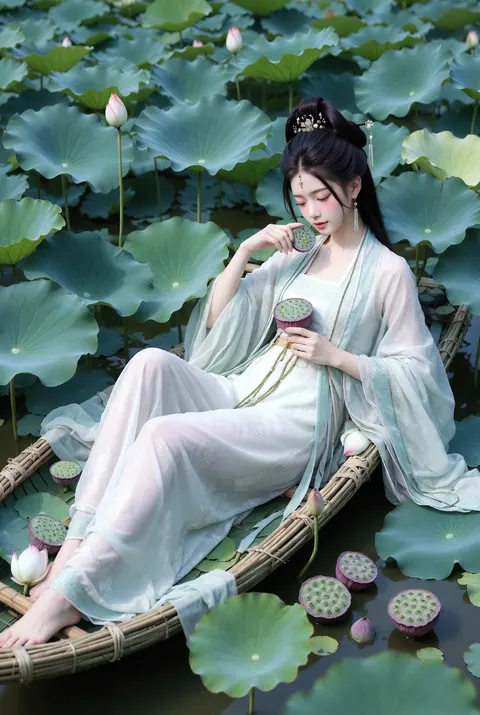 东方古典美学 极度写实摄影级人像，17岁的古装渔家少女，悠闲地躺在荷叶丛的小船上，一手拿着莲蓬，一手拨莲子，神情慵懒，悠然自得