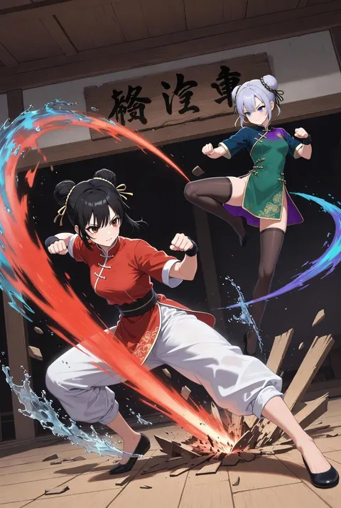 An anime-style illustration of a {argument name="action type" default="high-impact martial arts battle"} between two young female fighters in a {argument name="setting" default="traditional wooden martial arts dojo"}. In the foreground, a girl with black hair in a high bun wears a {argument name="character 1 color theme" default="red and white"} Chinese-style martial arts outfit with baggy pants. She is in a dynamic, low, forward-thrusting stance, surrounded by swirling red energy and water splashes. In the background to the right, a girl with light purple hair in twin buns wears a {argument name="character 2 color theme" default="green and purple"} Chinese dress with gold embroidery and black tights. She is leaping through the air in a flying kick pose, surrounded by swirling blue energy. The wooden floorboards are splintering from the intense impact, with debris and dust flying through the air. Above them hangs a weathered wooden sign with the text "{argument name="sign text" default="武術会"}". The scene features dramatic lighting, a low-angle dynamic perspective, and intense action effects.