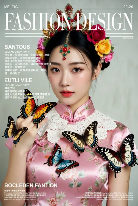 A beautiful woman wearing a pink cheongsam (qipao), with an exquisite floral headpiece, her hair adorned with colorful flowers, and an elegant white lace collar around her neck. One of her hands is gently holding several large butterflies. The overall shooting style presents a high-definition detailed texture, similar to a fashion magazine cover design, with the text "FASHION DESIGN" placed at the top center of the photo. The background uses a simple solid light gray to highlight the main subject.