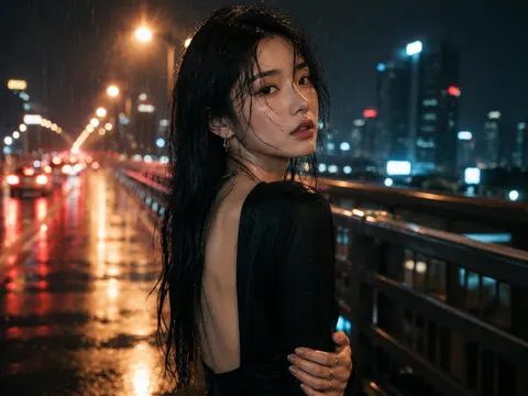 成年亚裔女性，面部轮廓清冽冷感，肌肤细腻自然；乌黑长发被雨水打湿，湿发凌乱贴在脸颊与脖颈。身着修身黑色长袖露背连衣裙，搭配简约银色耳饰、细项链与戒指。

雨夜城市高架桥场景，湿漉漉路面、金属护栏，远处高楼与车流；路灯形成连绵暖黄色散景光斑，地面倒映红、橙、冷蓝色光影。人物同时被暖色路灯光与冷调城市环境光包裹，肌肤与湿发带有真实水光质感。浓郁胶片质感，浅景深，35mm 镜头拍摄，带有细微胶片颗粒；高对比度同时保留暗部层次，真实降雨、清晰可见雨滴。城市夜景时尚人像，情绪克制，弥漫孤独、暧昧与悠长的氛围感。

人物回头望向镜头，眼神沉静忧郁，嘴唇微张，仿佛雨夜别离前的最后一瞥。肢体动作自然，肩颈放松，人体比例写实，手部结构精准，姿态不僵硬。