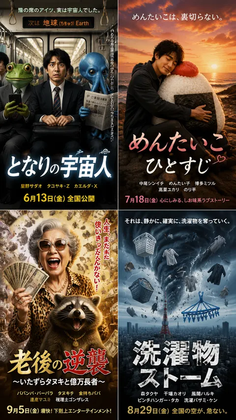{ "type": "movie poster grid", "layout": "2x2 grid", "posters": [ { "position": "top-left", "genre": "sci-fi comedy", "visuals": "A Japanese salaryman sitting on a crowded train looking nervous, flanked by two aliens in business attire: a green frog-like alien looking at a smartphone, and a blue octopus-like alien reading a newspaper.", "text_elements": { "tagline_top": "隣の席のアイツ、実は宇宙人でした。", "train_display": "次は 地球 (ちきゅう) Next Earth", "tagline_side": "この星の常識、いつの間にかアップデートされていた。", "main_title": "{argument name=\"poster 1 title\" default=\"となりの宇宙人\"}", "cast": "星野サダオ タコヤキ・Z カエルダ・X", "release_date": "6月13日(金) 全国公開" } }, { "position": "top-right", "genre": "surreal romance", "visuals": "A man in a dark jacket affectionately hugging a giant onigiri (rice ball) topped with mentaiko (spicy cod roe) wrapped in seaweed. They are sitting on a rocky beach during a beautiful sunset.", "text_elements": { "tagline": "めんたいこは、裏切らない。", "main_title": "{argument name=\"poster 2 title\" default=\"めんたいこ ひとすじ\"}", "cast": "中尾シンイチ めんたい子 博多ミツル 高菜ユカリ のり平", "release_date": "7月18日(金) 心にしみる、しお味系ラブストーリー" } }, { "position": "bottom-left", "genre": "heist comedy", "visuals": "A joyful elderly woman in a leopard print blouse laughing maniacally while holding a fan of Japanese yen bills. Money is raining down around her. A happy raccoon is in the foreground.", "text_elements": { "tagline": "人生、まだまだ使いきってなんかない！", "main_title": "{argument name=\"poster 3 title\" default=\"老後の逆襲\"}", "subtitle": "〜いたずらタヌキと億万長者〜", "cast": "ババンバ・バーバラ タヌキチ 金持ちババ 遺産マユミ 税理士ゴンザレス", "release_date": "9月5日(金) 痛快！下剋上エンターテインメント！" } }, { "position": "bottom-right", "genre": "disaster thriller", "visuals": "A dramatic disaster scene where laundry baskets, shirts, and clothes are being sucked up into a stormy, apocalyptic sky above a ruined Tokyo city skyline featuring the Tokyo Tower.", "text_elements": { "tagline": "それは、静かに、確実に、洗濯物を奪っていく。", "main_title": "{argument name=\"poster 4 title\" default=\"洗濯物 ストーム\"}", "cast": "森タクヤ 干場カオリ 風間ハルキ ピンチハンガー・タカ 洗濯バサミ・ケン", "release_date": "8月29日(金) 全国の空が、危ない。" } } ] }