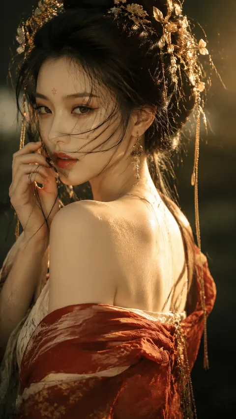 绝美22岁东亚年轻女性，东方古典美人气质，冷艳、慵懒、带一点危险感和疏离感，精致鹅蛋脸，五官立体细腻，细长眉，大而略微狭长的深棕色眼睛，眼尾微微上挑，眼神半眯，带有克制、迷离、审视镜头的感觉，鼻梁挺直纤细，鼻尖精致，嘴唇饱满自然，暖橘红唇色，唇部微微闭合。

人物采用超近距离半身回眸构图，身体背对镜头约45度，头部向后回转看向镜头，右侧肩膀与裸露上背占据前景主要面积，肩部离镜头最近，形成明显前后层次和轻微广角透视。脸部位于画面上半区域偏左，肩膀位于画面中央偏下，人物几乎填满整个画面。

黑色长发盘成复杂高耸古风发髻，发量浓密，顶部带有松散凌乱感，插满深金色、古铜色金属发簪、花朵发饰、枝叶状头饰、垂坠链条、珠饰和细长步摇。头饰层次复杂但精致高级，部分细长金属流苏垂落在耳侧和后颈位置。

大量细碎黑色发丝自然散落在脸颊、眼睛、鼻梁和嘴唇前方，几缕头发横向遮住半张脸，形成强烈的凌乱美感。部分发丝像被微风吹动，贴近皮肤，具有轻微湿润感和真实毛发高光。

额头中央有一枚极小的红色古典花钿或朱砂印记。

佩戴华丽古金色长耳坠，耳饰由复杂金属雕花、珠石、垂坠结构组成，质感厚重精致，与古风发饰统一。

服装为华丽古风红白配色长袍或披帛，红色外层衣料带有明显做旧纹理、丝绸褶皱和粗粝艺术质感，内层为米白色或象牙白织物，衣服从一侧肩膀自然滑落，露出肩部、锁骨侧面和大面积上背，保持优雅艺术人像氛围，不露点，不透明。

人物左手抬起靠近脸侧，手指自然弯曲，指尖轻轻触碰或拨弄脸前发丝，动作松弛、缓慢、优雅。

皮肤为暖白偏瓷感肤色，肩部和脸颊带有细腻油润高光，真实毛孔极轻微可见，皮肤并非塑料感，肩头受光最强，形成柔和高光过渡。

光线采用强烈的夕阳金色侧逆光，从画面右上方照射人物，脸部、鼻梁、嘴唇边缘、耳朵、肩膀和发丝出现暖金色轮廓光。局部皮肤被夕阳照亮呈蜂蜜金色，另一侧进入柔和阴影，形成高光与暗部的电影级反差。

背景极度虚化，为深绿色、墨绿色、暖灰、浅金色混合的古建筑或庭院环境，只保留模糊色块和空间感，不出现清晰建筑细节。浅景深，背景散景柔和。

整体色调为暖金、古铜、墨绿、朱红、象牙白，低饱和电影调色，浓郁但不艳俗。

85mm人像镜头质感，f1.4超浅景深，近距离拍摄，电影级人像摄影，高动态范围，柔和高光滚降，暗部保留细节，极致发丝细节，真实金属材质，真实布料褶皱，真实皮肤质感，东方古典美学，宋明古风与幻想东方风融合，高级杂志封面感，电影剧照感，超高精细，8K细节，photorealistic，cinematic portrait photography。

画面比例9:16。