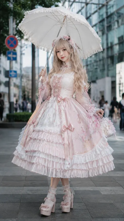 Full-body portrait, 35mm focal length, natural daylight photography, authentic street fashion documentation style with cinematic color grading.

Subject & Identity
Young woman in elaborate Sweet Lolita fashion, embodying romantic Victorian-inspired Japanese street style. Long wavy blonde hair cascading past shoulders with natural volume and soft movement. Hair styled with handcrafted floral headpiece featuring pink silk roses, cream lace appliqués, and delicate green foliage accents.

Costume Design
Full-length Lolita dress in pastel palette: soft pink base with white and powder blue accents. Multi-layered construction featuring Victorian-style ruffled tiers, intricate Chantilly lace trim, and all-over floral embroidery. Dress adorned with pink satin ribbon bows at waist and sleeves, pearl button detailing, and small decorative charms. Petticoat creates bell-shaped silhouette with gentle A-line volume. Premium fabric shows realistic textile behavior: soft folds in silk, structured hold in cotton layers, delicate transparency in lace overlays.

Props & Accessories
Large white parasol with ruffled lace edge trim, held elegantly at shoulder height. Parasol fabric shows subtle translucency where sunlight filters through. Likely additional accessories: platform Mary Jane shoes, lace socks, small handbag with ribbon details.

Pose & Expression
Standing pose with graceful posture, parasol held in one hand creating diagonal composition line. Expression conveys gentle elegance and whimsical charm characteristic of Lolita fashion culture. Body language confident yet delicate, befitting the aesthetic's romantic fantasy atmosphere.

Environment & Setting
Urban outdoor location during daytime fashion event or street photography session. Modern city backdrop: contemporary glass-facade buildings, visible traffic signage, paved sidewalk or pedestrian plaza. Background slightly out of focus (f/2.8 depth of field) to isolate subject while maintaining environmental context. Suggests bustling metropolitan area with active street life.

Lighting & Atmosphere
Natural daylight, overcast or bright shade conditions providing soft even illumination without harsh shadows. Parasol creates subtle dappled light on upper body. Ambient color temperature neutral-cool (5500K-6500K) typical of urban daylight. Atmosphere charming and festive, capturing the celebratory nature of Lolita fashion gatherings.

Composition & Framing
Eye-level or slightly low angle shot emphasizing subject's presence and costume details. Subject positioned slightly off-center following rule of thirds. Urban environment frames subject without overwhelming ornate costume. Composition balances elaborate foreground fashion with simplified modern background.

Texture & Material Realism
Hair: individual strand definition with natural shine and realistic wave patterns. Fabric: visible textile weave in cotton, silk sheen with accurate specular highlights, lace showing intricate pattern depth. Parasol: fabric tension across frame ribs, slight translucency. Skin: natural complexion with soft makeup enhancing delicate aesthetic.

Technical Photography Parameters
Shot on digital full-frame camera, 35mm f/2.8 lens, ISO 200-400 for clean natural grain. Slight color grading enhancing pastel tones while maintaining natural skin tones. Sharp focus on subject with gentle background bokeh. Dynamic range preserving detail in white parasol highlights and shadow areas beneath dress layers.