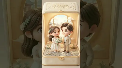 Based on the content of the photo, create an exquisitely detailed, adorably cute 3D rendered collectible figurine, placed in a soft pastel-toned, warm and romantic display box. The display box is in light cream color with soft gold accents, resembling an elegant portable jewelry box. Upon opening the lid, a warm romantic scene is revealed: two chibi characters are sweetly gazing at each other. The box top is engraved with the words "FOREVER TOGETHER", surrounded by delicate little stars and heart patterns.
Inside the box stands the woman from the photo, holding a small bouquet of white flowers. Beside her is her partner, the man from the photo. Both have large, sparkling, expressive eyes and soft, warm smiles, conveying deep affection and charming presence.
Behind them is a round window through which you can see a sunny classical Chinese town skyline with gently floating clouds. The interior of the box is lit with warm, soft lighting, with flower petals floating in the background for atmosphere. The entire display box and characters share an elegant, harmonious color palette, creating a luxurious and dreamy miniature keepsake scene.
Size: 9:16