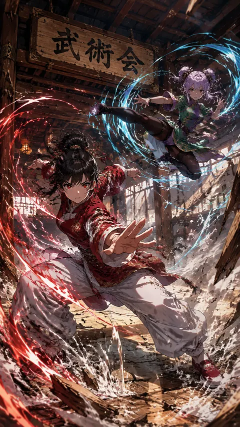 An anime-style illustration of a {argument name="action type" default="high-impact martial arts battle"} between two young female fighters in a {argument name="setting" default="traditional wooden martial arts dojo"}. In the foreground, a girl with black hair in a high bun wears a {argument name="character 1 color theme" default="red and white"} Chinese-style martial arts outfit with baggy pants. She is in a dynamic, low, forward-thrusting stance, surrounded by swirling red energy and water splashes. In the background to the right, a girl with light purple hair in twin buns wears a {argument name="character 2 color theme" default="green and purple"} Chinese dress with gold embroidery and black tights. She is leaping through the air in a flying kick pose, surrounded by swirling blue energy. The wooden floorboards are splintering from the intense impact, with debris and dust flying through the air. Above them hangs a weathered wooden sign with the text "{argument name="sign text" default="武術会"}". The scene features dramatic lighting, a low-angle dynamic perspective, and intense action effects.