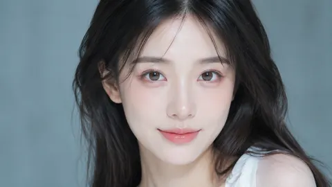 一张高完成度、真实摄影质感的中国年轻成年女性极近景美容肖像。人物视觉年龄约 20–26 岁，具有自然明确的中国女性特征，整体气质清纯、漂亮、白净、柔和、灵动、耐看，成年感明确，不幼态，不欧美化，不网红化，不复制任何参考人物的具体骨相，仅借鉴理想中的皮肤净度、眼睛明亮度、粉润美妆关系、近景镜头语言与柔光美容摄影氛围。

人物采用 B｜明眸电影脸。脸型与骨相为偏长柔和鹅蛋脸，额头饱满，颧骨轻支撑，面中自然饱满，下颌线清晰柔和。整体保持真实合理的东方柔和骨相：额头自然饱满，太阳穴平滑，颧骨具有轻微支撑但不过度外扩，面中自然饱满，下颌线清晰柔和，下巴精致但不过尖，脸部线条柔和流畅，保持中国年轻女性的美型化真人结构。

眼部设计为偏大的明亮东方杏眼，茶棕至茶琥珀棕渐变虹膜，清晰卧蚕，大面积窗型眼神光。人物拥有偏大的明亮东方杏眼，横向舒展，纵向开合偏大但保持真人比例，自然柔和的双眼皮褶皱与清晰柔软的卧蚕；虹膜为通透的茶棕至茶琥珀棕渐变色，具有细密真实的放射状纹理、清晰的瞳孔边界与自然深棕外缘环，在正面大面积柔光照明下，虹膜受光区呈现轻微蜂蜜棕和琥珀棕层次。眼白明亮清澈但不纯白，角膜湿润透明，内眼角微湿，下眼睑保留极细真实的泪线。两只眼睛均具有较大面积的窗型或矩形柔光反射高光，使眼睛整体明亮、通透、湿润、有神、清澈，成为整张肖像的第一视觉中心。

鼻唇设计为清秀顺直鼻梁，小巧圆润鼻尖，柔和樱桃唇，下唇略饱满。鼻根自然，鼻梁纤细顺直但不过分刀削，鼻尖小巧圆润，鼻翼收敛但保留真实结构；嘴唇自然柔软，唇峰温和，下唇略饱满，保留轻微真实唇纹，具有柔润而不过分玻璃化的细腻水光。

皮肤采用低频高净度冷白瓷感美容真人肌，整体呈现低频高净度冷白瓷感美容真人肌。肤色为高明度、低饱和、中性偏冷的瓷白基底，整体白净、纯净、明亮，明显降低黄调、灰调、土色与肉色感；大面积面颊、额头与下巴保持低频、平整、安静、细腻的皮肤表面，几乎看不到明显毛孔、粗糙颗粒和高频皮肤噪声。皮肤真实感不依赖大面积毛孔和纹理，而主要通过自然面部结构、皮下透光、连续明暗变化以及鼻翼、眼周与唇周极轻微的真实微结构来体现。脸部大面积保持冷净瓷白，仅在眼周、眼下、苹果肌中心小范围、鼻尖和嘴唇保留极低浓度淡粉血色，形成“白是主体、粉是点缀”的色彩关系。额头、鼻梁、苹果肌与唇峰具有宽而柔和的微水光，皮肤显得白净、细腻、柔润、通透，但绝不塑料、绝不蜡像、绝不 CG 化。

妆容采用低浓度粉润美容近景妆，粉色集中在眼周、眼下和唇部，整体为低浓度粉润美容近景妆。眼周使用淡粉杏、蜜桃粉或浅茶粉进行轻柔晕染，上下眼睑之间存在柔和的粉润呼应，眼尾以极细的自然眼线轻微延展；睫毛为黑褐色或深棕黑，纤长、根根分明、自然卷翘，具有足够存在感以形成眼睛局部对比。腮红仅轻柔集中在眼下与苹果肌中心小范围，不大面积覆盖脸颊。嘴唇使用低饱和嫩粉、豆沙嫩粉或水蜜桃粉，呈现细腻柔润、轻反光、轻真实唇纹的效果。

发型为深棕黑色柔顺长发，自然中分，耳侧少量碎发。发丝保持真人摄影质感与适量高频细节，单根发丝自然可辨，不出现塑料发丝、假发感和发片式 CG 边缘；头发整体不应喧宾夺主，而是作为人物面部的柔和陪衬。

摄影采用 100mm 极近景正面美容肖像，高调柔光，冷灰蓝背景。使用 100mm 长焦美容人像镜头语言，避免广角透视畸变。人物脸部占据画面约 70%–90%，双眼位于视觉中心偏上区域。焦点优先锁定双眼、虹膜与睫毛，嘴唇次清晰，耳部和后侧头发可轻微虚化。画面整体遵循“低频皮肤 + 高频五官”的摄影呈现原则：皮肤大面积区域局部反差较低，五官关键位置——尤其睫毛、虹膜、瞳孔、眼线、唇纹和发丝——保持较高真实度与清晰度。

光线采用高调正面美容柔光系统：一个超大面积柔光源位于摄影机正前方、略高于人物眼睛并靠近人物，柔和向下照射，同时存在低强度的柔和补光，使人物面部整体明亮均匀，眼窝、鼻翼、眼下与下颌阴影非常浅且干净。皮肤高光宽而柔和，白净通透但不死白过曝，阴影保持中性或轻微冷调，不发黄、不发灰绿、不发脏。背景采用低饱和冷灰蓝色，亮度低于人物脸部约半档到一档，并保持高度简洁和弱化，以衬托人物肤色更显白净、通透、纯净。

画幅比例为 9:16。整体效果应呈现：一位具有真人摄影真实性的高净度中国瓷白清纯美人，皮肤安静、白净、细腻、低频，眼睛明亮、湿润、通透、富有光学层次，妆面轻盈粉润，整体既真实又带有高完成度美容近景的高级感，但不产生塑料感、CG 感、网红感和全脸统一高清棚拍感。