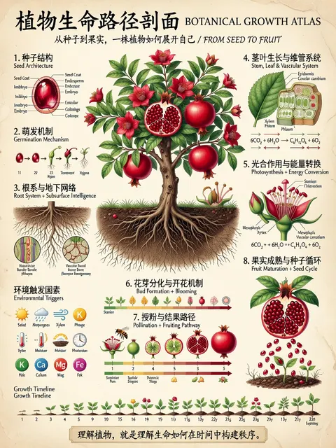 { "type": "scientific botanical infographic poster", "subject": "{argument name=\"plant species\" default=\"Pomegranate (Punica granatum)\"}", "style": "vintage botanical illustration mixed with modern infographic design, highly detailed, {argument name=\"color palette\" default=\"earthy greens, deep reds, parchment background\"}", "header": { "main_title": "{argument name=\"main title\" default=\"植物生命路径剖面\"}", "english_title": "{argument name=\"english title\" default=\"BOTANICAL GROWTH ATLAS\"}", "subtitle": "从种子到果实，一株植物如何展开自己 / FROM SEED TO FRUIT" }, "centerpiece": "full plant showing extensive root system, woody stem, green leaves, blooming red flowers, and ripe fruits including one halved to show seeds", "layout": { "numbered_sections": [ { "number": 1, "title": "种子结构 / Seed Architecture", "content": "cross-section of a single seed with 6 labeled parts" }, { "number": 2, "title": "萌发机制 / Germination Mechanism", "content": "sequence of 5 sprouting seeds showing radicle emergence" }, { "number": 3, "title": "根系与地下网络 / Root System + Subsurface Intelligence", "content": "detailed root network with 2 circular microscopic cross-sections showing vascular bundles and hyphae" }, { "number": 4, "title": "茎叶生长与维管系统 / Stem, Leaf & Vascular System", "content": "leaf detail and circular stem cross-section with 5 labeled layers" }, { "number": 5, "title": "光合作用与能量转换 / Photosynthesis + Energy Conversion", "content": "3D cellular cross-section of a leaf showing mesophyll and chloroplasts, plus a chemical equation diagram" }, { "number": 6, "title": "花芽分化与开花机制 / Bud Formation + Blooming", "content": "detailed flower cross-section showing stamen and ovary, plus a 4-season timeline" }, { "number": 7, "title": "授粉与结果路径 / Pollination + Fruiting Pathway", "content": "bee approaching a flower cross-section, followed by a sequence of 5 stages of ovary development into a fruit" }, { "number": 8, "title": "果实成熟与种子循环 / Fruit Maturation + Seed Cycle", "content": "ripe fruit breaking open, seeds dispersing downwards to a new sprout" } ], "additional_elements": [ { "position": "bottom left", "title": "环境触发因素 / Environmental Triggers", "content": "grid of 6 weather/environmental icons and 6 nutrient element icons (N, P, K, Ca, Mg, Fe)" }, { "position": "bottom edge", "title": "Growth Timeline", "content": "linear sequence of 19 small plant icons showing the complete life cycle from seed to mature plant" } ], "footer_quote": "{argument name=\"bottom quote\" default=\"理解植物，就是理解生命如何在时间中构建秩序。\"}" } }
