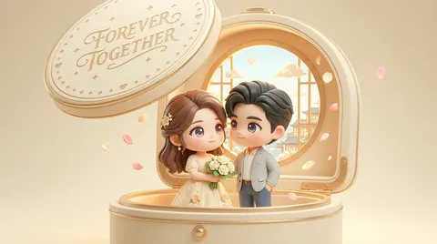 Based on the content of the photo, create an exquisitely detailed, adorably cute 3D rendered collectible figurine, placed in a soft pastel-toned, warm and romantic display box. The display box is in light cream color with soft gold accents, resembling an elegant portable jewelry box. Upon opening the lid, a warm romantic scene is revealed: two chibi characters are sweetly gazing at each other. The box top is engraved with the words "FOREVER TOGETHER", surrounded by delicate little stars and heart patterns.
Inside the box stands the woman from the photo, holding a small bouquet of white flowers. Beside her is her partner, the man from the photo. Both have large, sparkling, expressive eyes and soft, warm smiles, conveying deep affection and charming presence.
Behind them is a round window through which you can see a sunny classical Chinese town skyline with gently floating clouds. The interior of the box is lit with warm, soft lighting, with flower petals floating in the background for atmosphere. The entire display box and characters share an elegant, harmonious color palette, creating a luxurious and dreamy miniature keepsake scene.
Size: 9:16