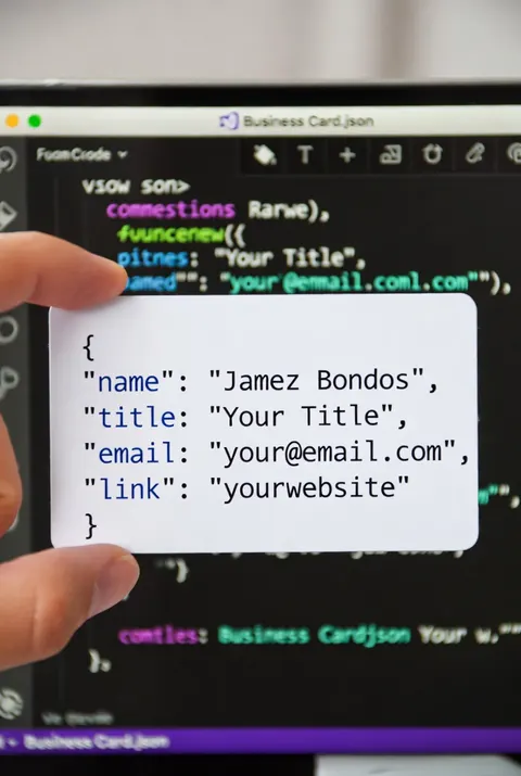 Close-up shot: a hand holding a business card designed to look like a JSON file in VS Code. The code on the card is displayed with real JSON syntax highlighting. The window interface includes typical toolbar icons and a title bar showing "Business Card.json", with the overall style fully consistent with the VS Code interface. The background is slightly blurred, highlighting the business card content.
The JSON code on the card is as follows:
{
  "name": "Jamez Bondos",
  "title": "Your Title",
  "email": "your@email.com",
  "link": "yourwebsite"
}