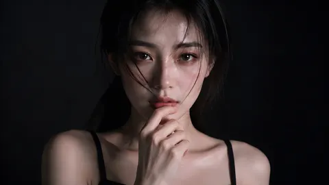 Photorealistic emotional studio portrait, beautiful young Chinese female influencer, fair cool-toned porcelain skin, elegant slim figure, facing directly toward the camera, dark low-key studio environment with single-light cinematic setup, extreme light and shadow contrast, intense emotional atmosphere, strong direct eye contact, subtle melancholic expression, soft parted lips, delicate micro-expressions, vertical composition combining close-up and half-body framing.

Japanese negative film aesthetic mixed with luxury editorial photography, Ricoh GR III mood, subtle Fujifilm Pro 400H / Classic Negative tones, low saturation, muted cinematic colors, soft highlight bloom, realistic skin texture, visible pores, delicate film grain, memory-like realism, soft diffusion around highlights, premium fashion-magazine mood.

Pose: facing the camera naturally, shoulders squared toward the lens, one hand gently touching lips or resting lightly near the chin, relaxed neck line, natural feminine posture, loose black hair falling softly across the face, subtle messy strands, emotional tension through eye expression instead of exaggerated posing, candid and intimate atmosphere.

Lighting: single soft spotlight from upper front-side angle, deep shadow falloff, dramatic chiaroscuro effect, controlled specular highlights on skin, black seamless backdrop fading into darkness.

Camera settings: Canon DSLR, manual mode, aperture f1.8–f2.8, shutter speed 1/125s, ISO100–200, white balance 4000K neutral tone, single-point eye autofocus, shallow depth of field, ultra-detailed eyes, creamy background blur.

Ultra realistic photography, luxury emotional portrait, cinematic editorial quality, high-end beauty photography, no watermark, no text, no extra fingers, no distorted anatomy, 9:16 vertical composition.