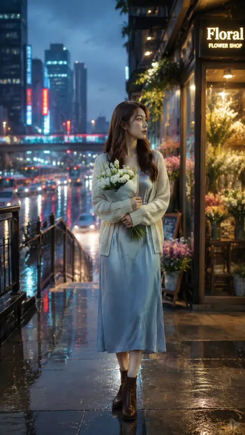 暴雨后的城市傍晚，天桥尽头花店前，一位成年都市女孩，长棕发，米白针织开衫、浅蓝连衣裙、棕色短靴，怀抱白色洋桔梗花束。雨后湿润路面倒映霓虹与暖黄色花店灯光，玻璃橱窗、鲜花陈列、远处高楼与车流虚化，空气中带有薄雾。都市时尚写真，电影感摄影，85mm人像镜头，中景，浅景深，冷暖光交织，主体突出，真实皮肤质感，高细节，高级氛围，9:16竖版。