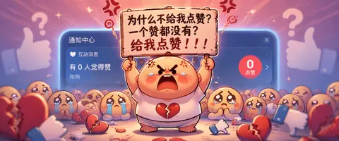 A round, stout kawaii chibi character standing center-frame on a smartphone notification center interface, wearing a tiny T-shirt with a cracked ❤️ print, barefoot, arms raised holding a hand-painted sign with bold brush-stroke Chinese text "为什么不给我点赞？一个赞都没有？给我点赞！！！". The character's expression escalates through three beats: furrowed V-brows with pulsing vein marks (anger) → cheeks ballooning with glistening anime teardrops (indignation) → mouth wide open in a pleading wail, small fists clenched (desperation). Behind the character, a notification banner glows cold blue with a red "0 likes" badge. Rage symbols 💢 spiral upward from the head. Surrounding the character at three depth layers — foreground: scattered broken hearts 💔 and thumbs-down 👎 in soft focus; midground: crying sticker faces 😭 and pleading eyes 🥺 at character height; background: two large ghosted thumbs-up 👍 with glowing question marks ❓ fading into a warm-pink-to-lavender radial gradient. Composition: medium close-up, slight high angle placing the viewer in the "being begged" position, shallow depth of field isolating the character from the emoji scatter. Lighting: soft warm-white toplight mimicking phone-screen self-illumination filling the character's round forms with minimal shadow, cold blue edge-rim from the notification banner behind. Color system: warm yellow-pink character flesh → cool blue notification UI → warm pink-to-lavender background gradient, three-zone temperature contrast creating visual depth. Material: flat vector cel-shading base, ochre grain texture dusted on blush areas, ink-bleed thick outlines — no plastic smoothness. True cinematic camera logic applied to sticker-pack aesthetics, 3:4 vertical composition, crisp focal plane on the sign text, gentle gaussian falloff on peripheral emoji elements.

Negative: photorealistic, 3D render, CGI, realistic human proportions, dark moody lighting, horror, grayscale, blurry, low quality, watermark, text rendering errors, extra fingers, distorted face, realistic skin texture, gradient mesh, oil painting, sketch, plastic-smooth surfaces, uniform flat lighting, no depth layering, emoji same size as character, background pure solid color, character centered with no environment interaction