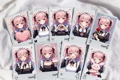 { "type": "collection of instant photos", "setting": "laid out flat on a white fabric surface", "character": { "hair": "{argument name=\"hair color\" default=\"long pink hair with blue inner color\"}", "outfit": "{argument name=\"outfit\" default=\"black and white maid uniform with frilly headband and black ribbons\"}", "eyes": "reddish-pink" }, "layout": { "arrangement": "two rows of five polaroid photos", "count": 10, "photos": [ { "position": "top row 1", "description": "holding a pink heart cushion" }, { "position": "top row 2", "description": "winking, making a peace sign" }, { "position": "top row 3", "description": "making a hand heart, pink heart doodle on the bottom border" }, { "position": "top row 4", "description": "resting chin on hands, gentle smile" }, { "position": "top row 5", "description": "holding a red rose, winking" }, { "position": "bottom row 1", "description": "finger to lips, shy expression" }, { "position": "bottom row 2", "description": "holding a small pink cake" }, { "position": "bottom row 3", "description": "winking, hand near face, signature '{argument name=\"signature text\" default=\"Hanashi\"}' and heart doodle on border" }, { "position": "bottom row 4", "description": "holding a pink bunny plushie, sparkle doodles, signature '{argument name=\"signature text\" default=\"Hanashi\"}' and bunny doodle on border" }, { "position": "bottom row 5", "description": "winking, sparkle doodles, message '{argument name=\"message text\" default=\"いつも応援ありがとう！これからもよろしくね♪\"}' and signature '{argument name=\"signature text\" default=\"Hanashi\"}' on border" } ] } }