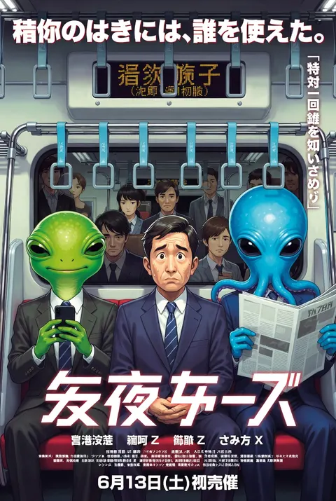 { "type": "movie poster grid", "layout": "2x2 grid", "posters": [ { "position": "top-left", "genre": "sci-fi comedy", "visuals": "A Japanese salaryman sitting on a crowded train looking nervous, flanked by two aliens in business attire: a green frog-like alien looking at a smartphone, and a blue octopus-like alien reading a newspaper.", "text_elements": { "tagline_top": "隣の席のアイツ、実は宇宙人でした。", "train_display": "次は 地球 (ちきゅう) Next Earth", "tagline_side": "この星の常識、いつの間にかアップデートされていた。", "main_title": "{argument name=\"poster 1 title\" default=\"となりの宇宙人\"}", "cast": "星野サダオ タコヤキ・Z カエルダ・X", "release_date": "6月13日(金) 全国公開" } }, { "position": "top-right", "genre": "surreal romance", "visuals": "A man in a dark jacket affectionately hugging a giant onigiri (rice ball) topped with mentaiko (spicy cod roe) wrapped in seaweed. They are sitting on a rocky beach during a beautiful sunset.", "text_elements": { "tagline": "めんたいこは、裏切らない。", "main_title": "{argument name=\"poster 2 title\" default=\"めんたいこ ひとすじ\"}", "cast": "中尾シンイチ めんたい子 博多ミツル 高菜ユカリ のり平", "release_date": "7月18日(金) 心にしみる、しお味系ラブストーリー" } }, { "position": "bottom-left", "genre": "heist comedy", "visuals": "A joyful elderly woman in a leopard print blouse laughing maniacally while holding a fan of Japanese yen bills. Money is raining down around her. A happy raccoon is in the foreground.", "text_elements": { "tagline": "人生、まだまだ使いきってなんかない！", "main_title": "{argument name=\"poster 3 title\" default=\"老後の逆襲\"}", "subtitle": "〜いたずらタヌキと億万長者〜", "cast": "ババンバ・バーバラ タヌキチ 金持ちババ 遺産マユミ 税理士ゴンザレス", "release_date": "9月5日(金) 痛快！下剋上エンターテインメント！" } }, { "position": "bottom-right", "genre": "disaster thriller", "visuals": "A dramatic disaster scene where laundry baskets, shirts, and clothes are being sucked up into a stormy, apocalyptic sky above a ruined Tokyo city skyline featuring the Tokyo Tower.", "text_elements": { "tagline": "それは、静かに、確実に、洗濯物を奪っていく。", "main_title": "{argument name=\"poster 4 title\" default=\"洗濯物 ストーム\"}", "cast": "森タクヤ 干場カオリ 風間ハルキ ピンチハンガー・タカ 洗濯バサミ・ケン", "release_date": "8月29日(金) 全国の空が、危ない。" } } ] }