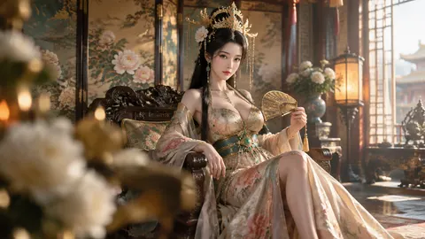 Wide‑shot to medium‑shot shooting，宫廷贵族舞姬，白瓷肌肤，深邃东方眼眸，安静高贵神秘气质，乌黑长发，柔顺无碎发，奢华凰冠、牡丹花簪、翡翠珠宝、珍珠流苏。身穿风韵华服，露肩低领深V设计，金丝织锦，云锦材质，苏绣牡丹花纹，黄金刺绣，翡翠腰封，高腰流动丝绸长裙开叉露腿，华丽优雅。端坐雕花宫廷椅，手持黄金折扇，皇家宫殿内殿，古代屏风，宫廷壁画，白色牡丹，暖色宫灯，清晨窗光。东方电影情绪美学，重点前景遮挡物虚化突出空间感，85mm人像镜头，四分之一黑柔，浅景深，伦勃朗光影，电影级调色，超真实摄影，8K RAW质感，真实皮肤纹理，真实丝绸细节，无任何文字。